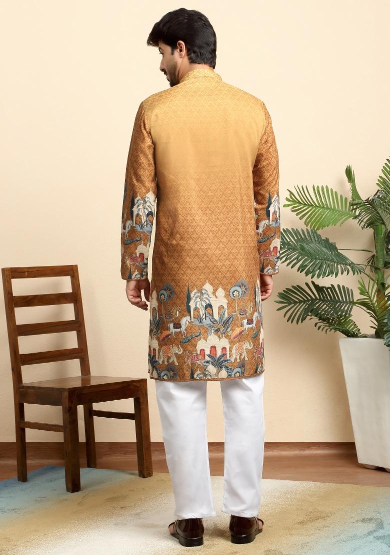 Beige Self Design Cotton Kurta For Men - Indya