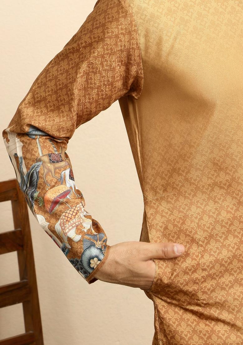 Beige Self Design Cotton Kurta For Men - Indya