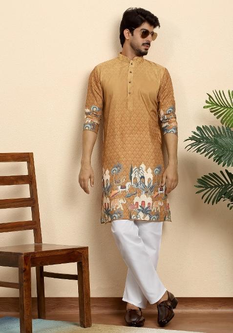 Beige Self Design Cotton Kurta For Men