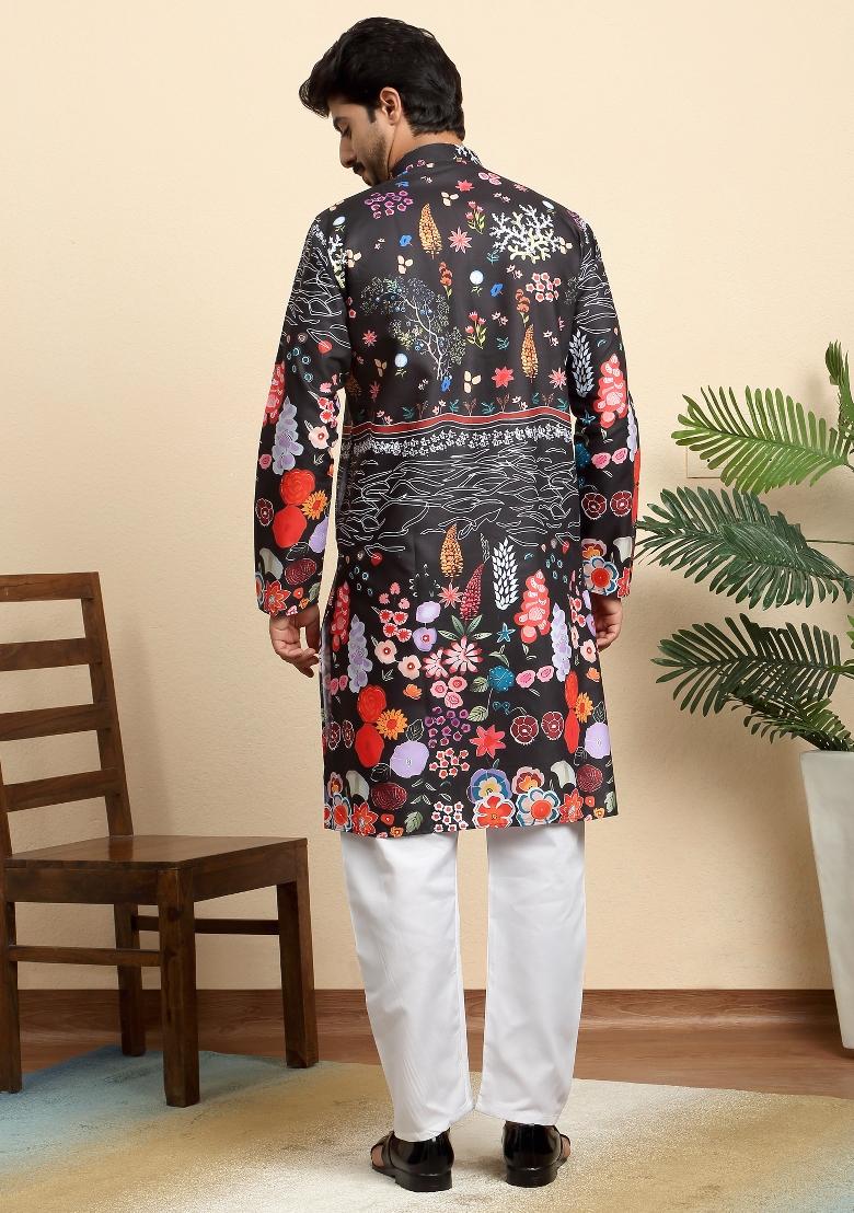 Black Floral Print Cotton Kurta For Men - Indya