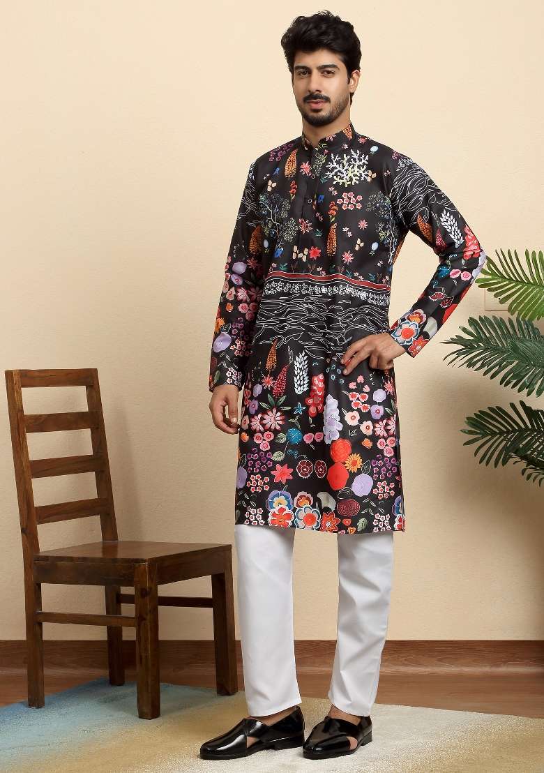Black Floral Print Cotton Kurta For Men - Indya