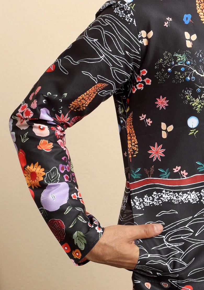 Black Floral Print Cotton Kurta For Men - Indya