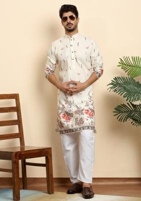 Cream Floral Print Cotton Kurta For Men
