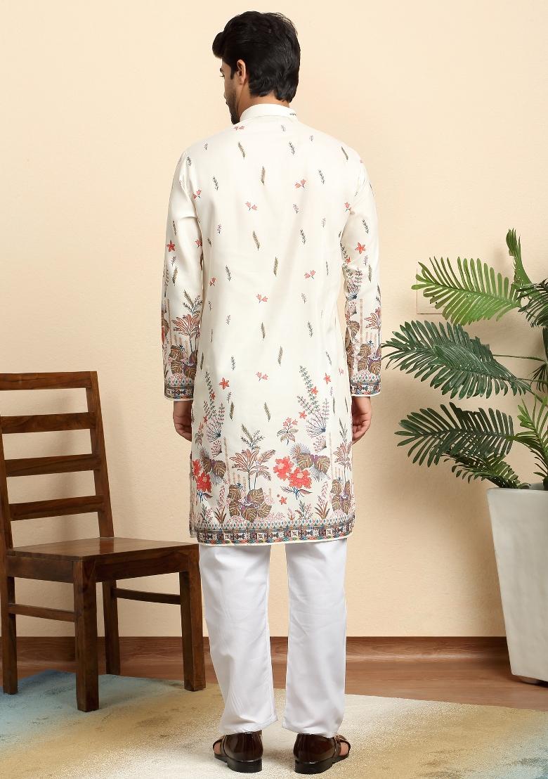 Cream Floral Print Cotton Kurta For Men - Indya