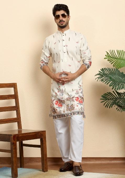 Cream Floral Print Cotton Kurta For Men
