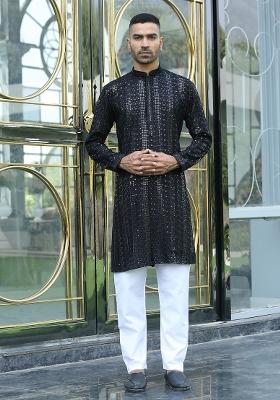 Black Ethnic Motifs Silk Blend Kurta For Men