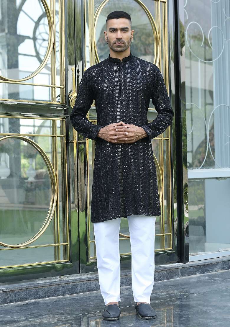 Black Ethnic Motifs Silk Blend Kurta For Men - Indya