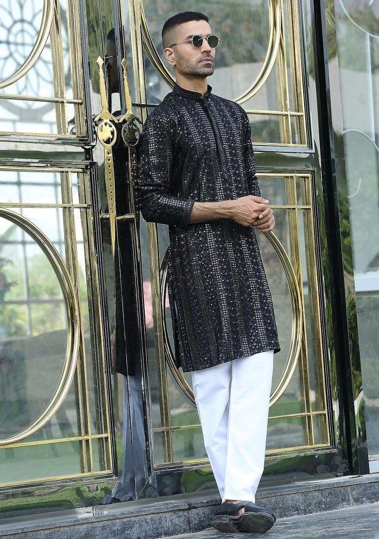 Black Ethnic Motifs Silk Blend Kurta For Men - Indya