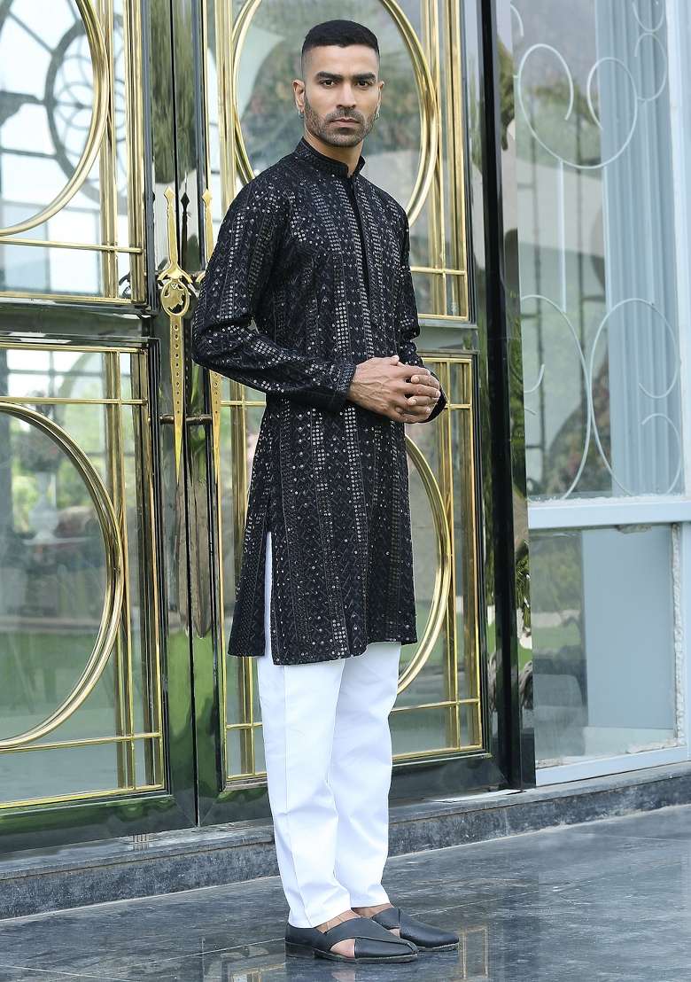 Black Ethnic Motifs Silk Blend Kurta For Men - Indya