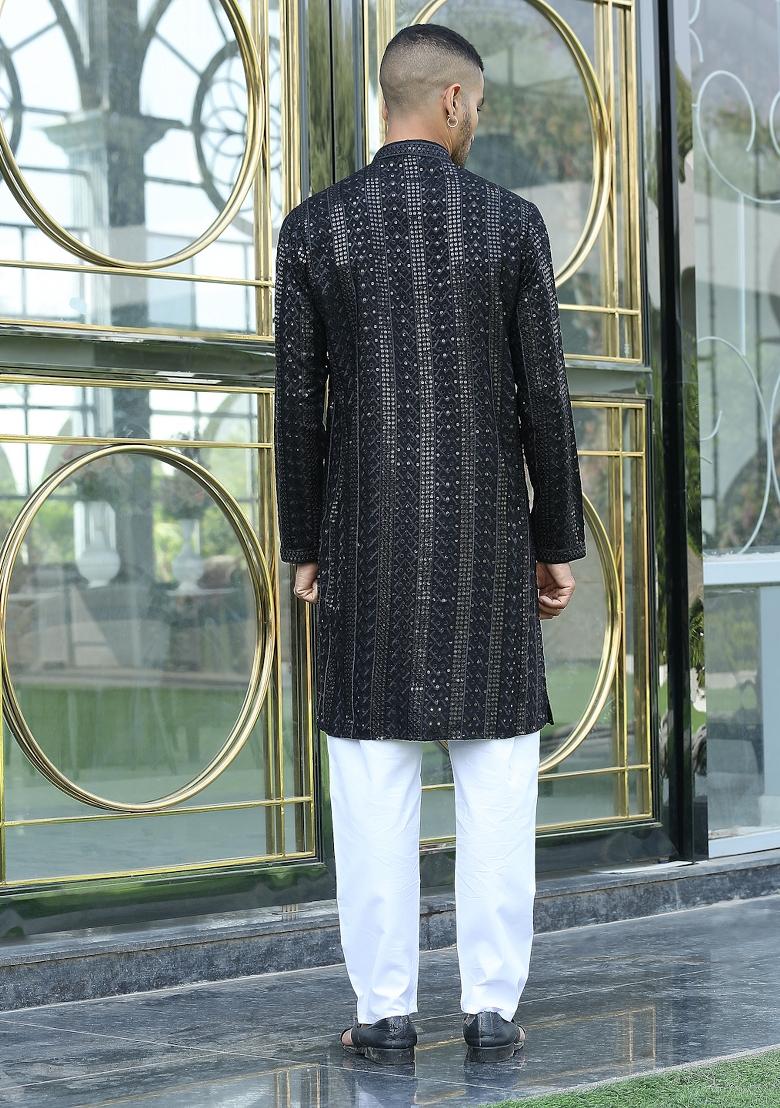 Black Ethnic Motifs Silk Blend Kurta For Men - Indya