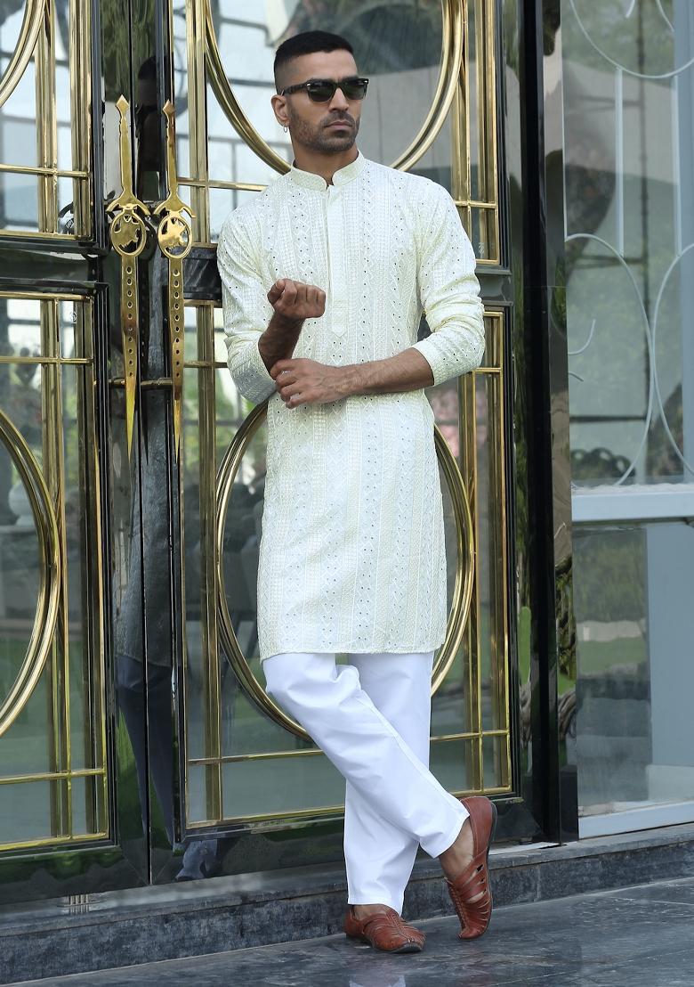 Cream Ethnic Motifs Silk Blend Kurta For Men - Indya