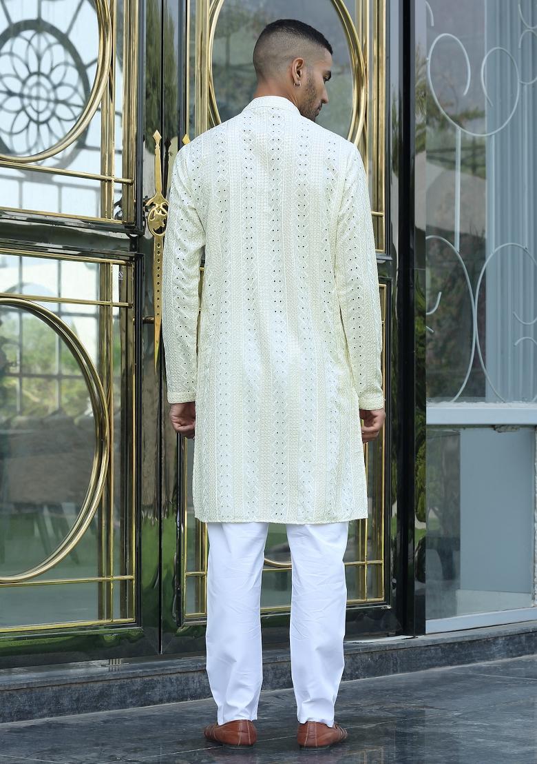 Cream Ethnic Motifs Silk Blend Kurta For Men - Indya