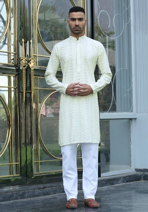 Cream Ethnic Motifs Silk Blend Kurta For Men