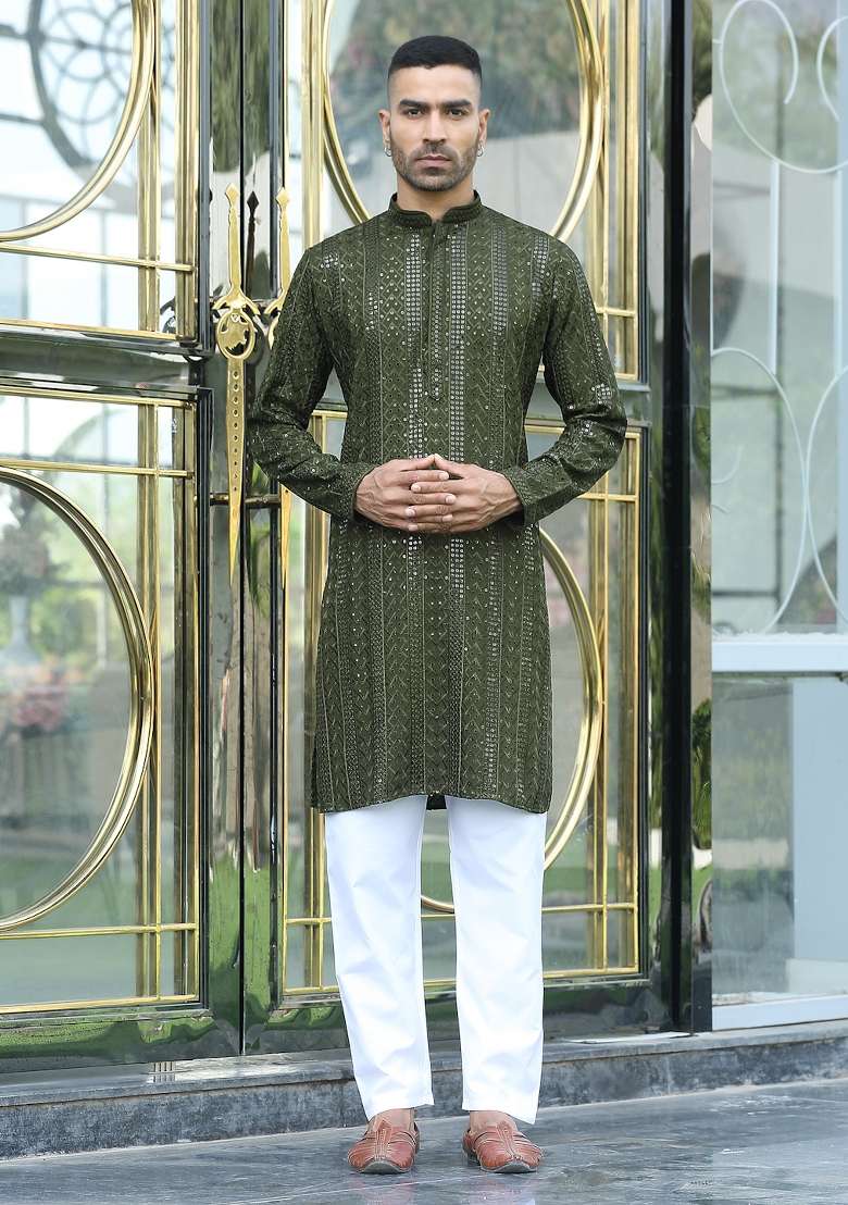 Olive Green Ethnic Motifs Silk Blend Kurta For Men - Indya