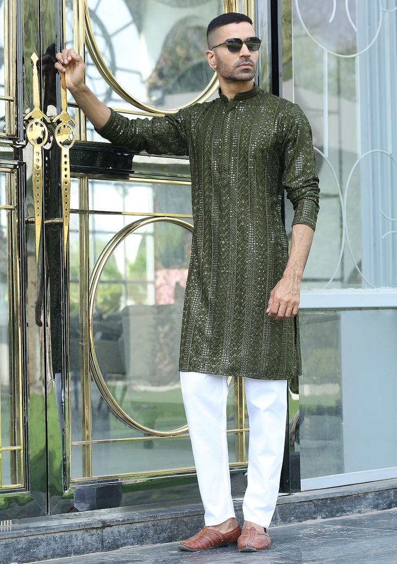 Olive Green Ethnic Motifs Silk Blend Kurta For Men - Indya