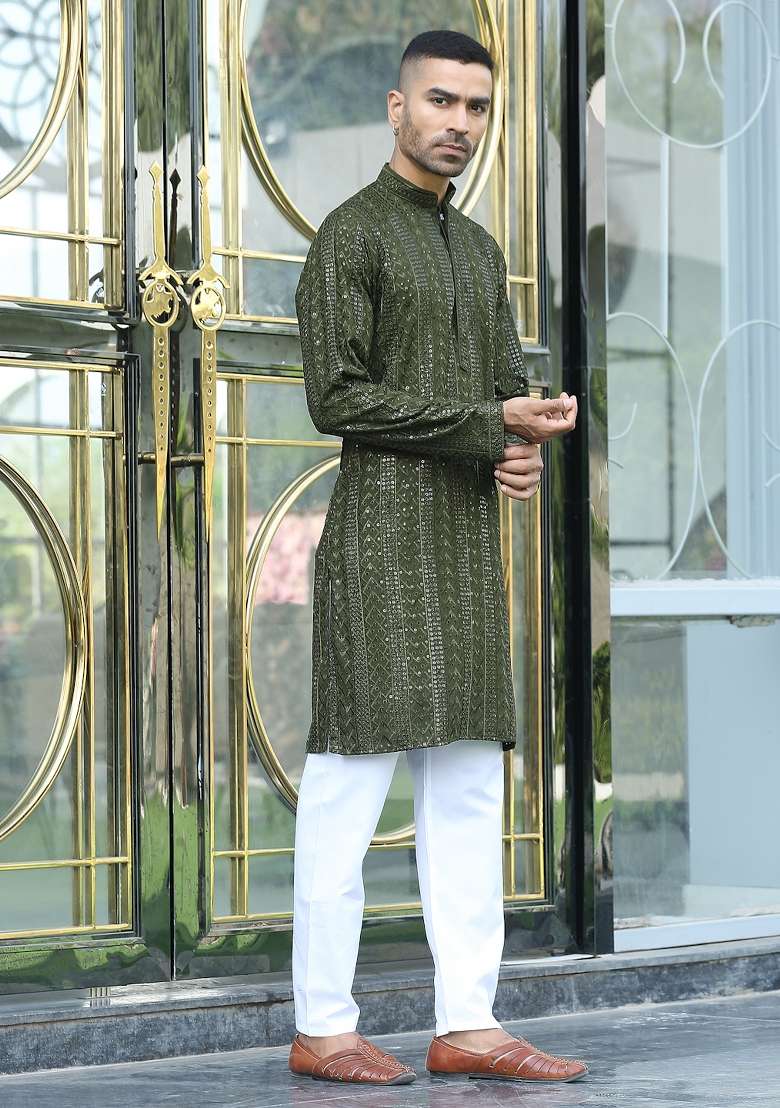 Olive Green Ethnic Motifs Silk Blend Kurta For Men - Indya