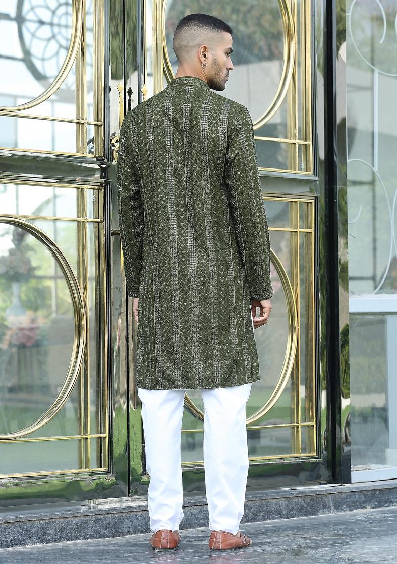 Olive Green Ethnic Motifs Silk Blend Kurta For Men - Indya