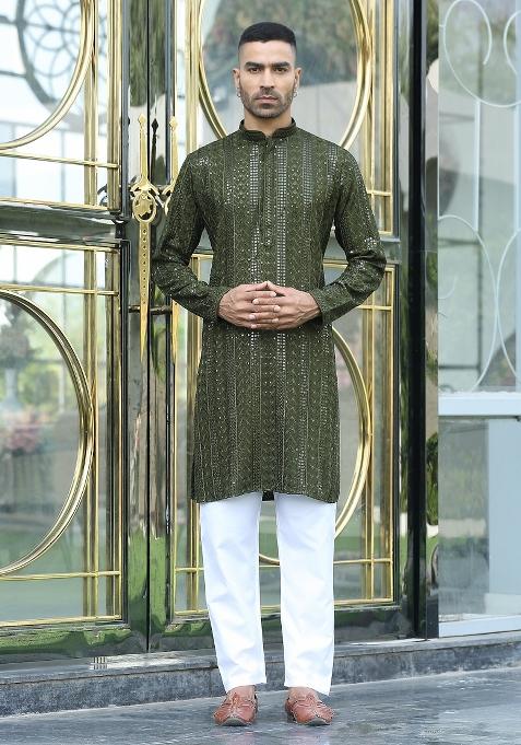 Olive Green Ethnic Motifs Silk Blend Kurta For Men