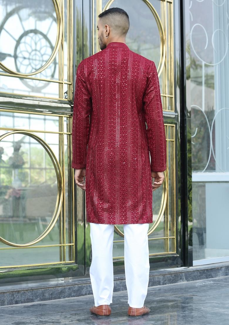 Maroon Ethnic Motifs Silk Blend Kurta For Men - Indya