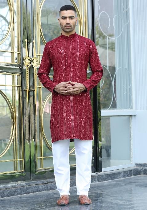 Maroon Ethnic Motifs Silk Kurta For Men