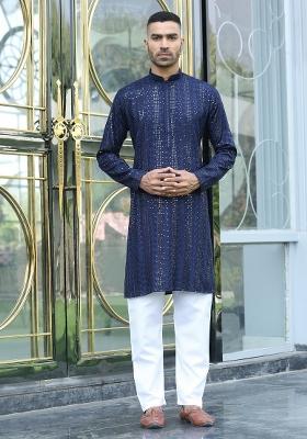 Navy Blue Ethnic Motifs Silk Blend Kurta For Men