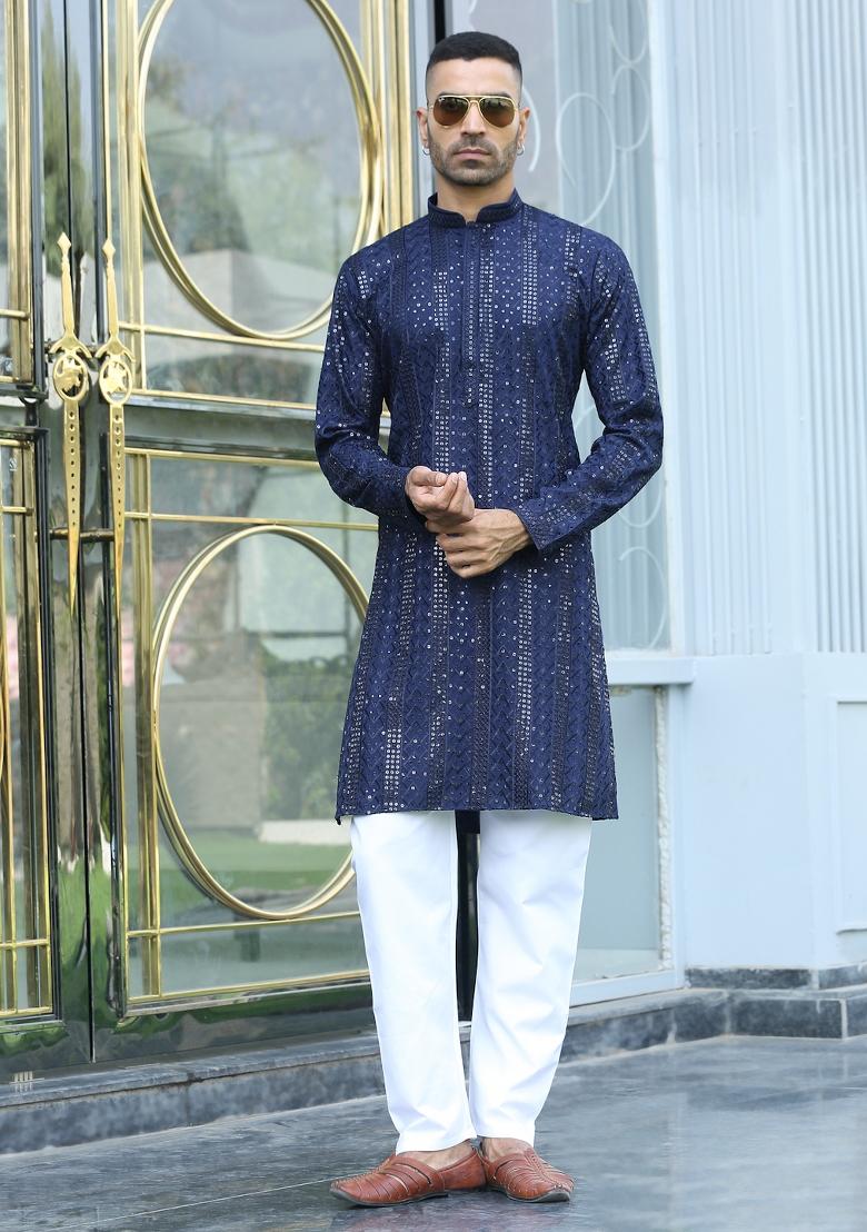 Navy Blue Ethnic Motifs Silk Blend Kurta For Men - Indya