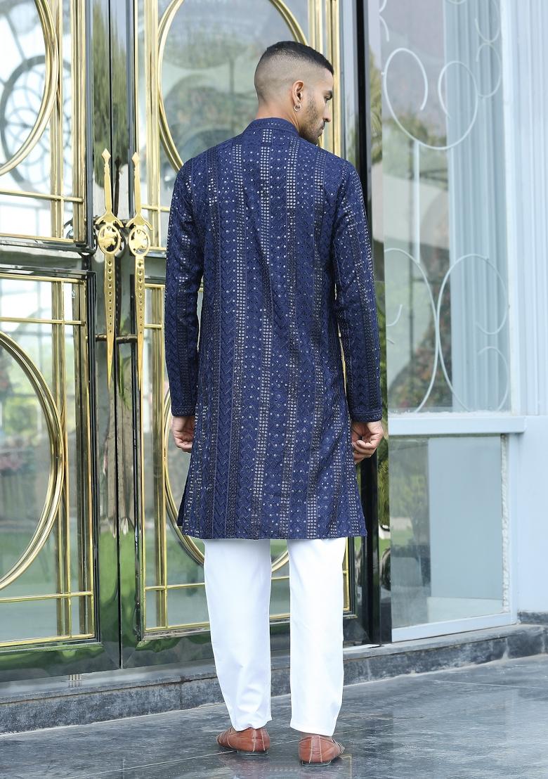 Navy Blue Ethnic Motifs Silk Blend Kurta For Men - Indya
