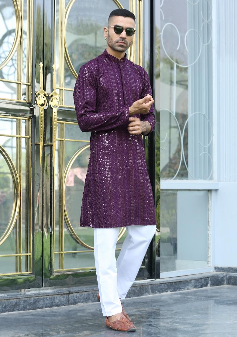 Purple Ethnic Motifs Silk Blend Kurta For Men - Indya