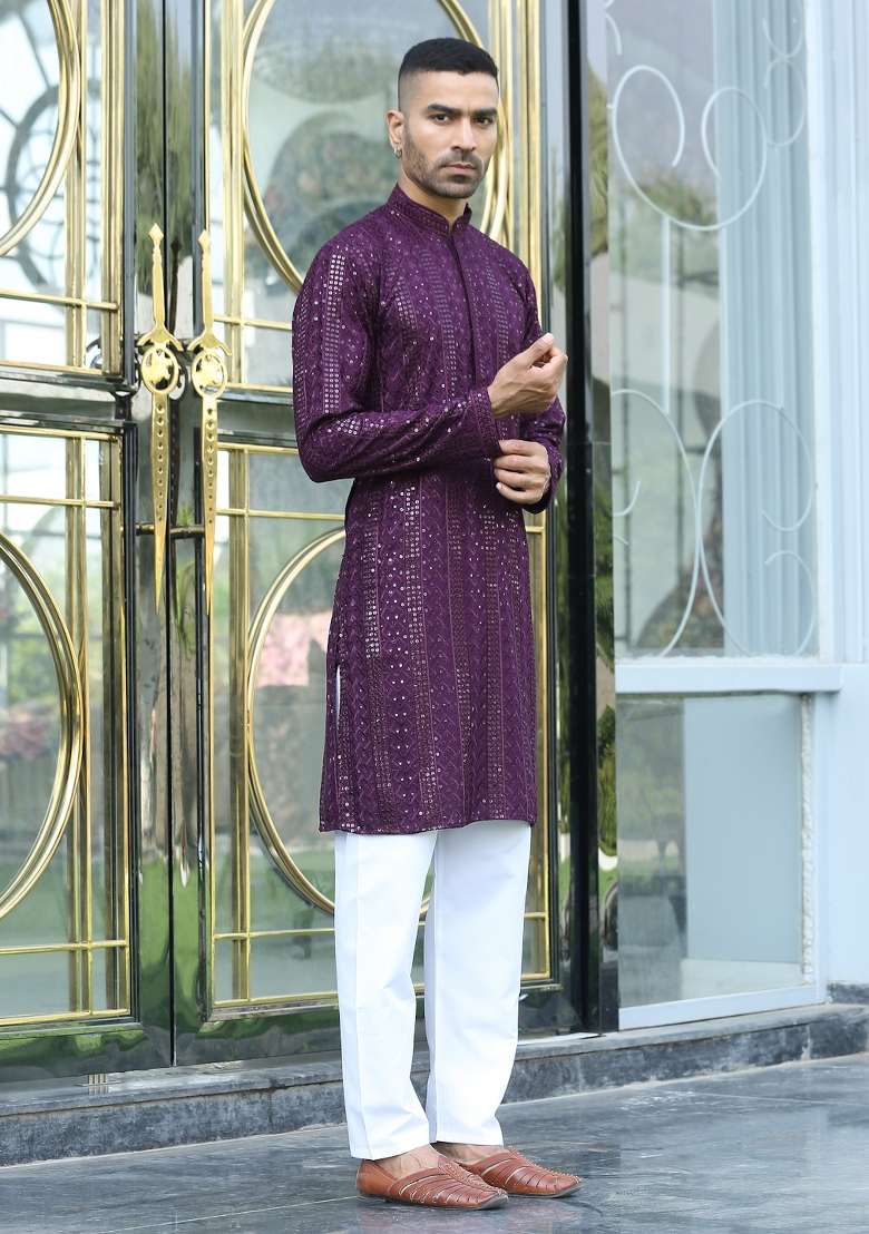 Purple Ethnic Motifs Silk Blend Kurta For Men - Indya