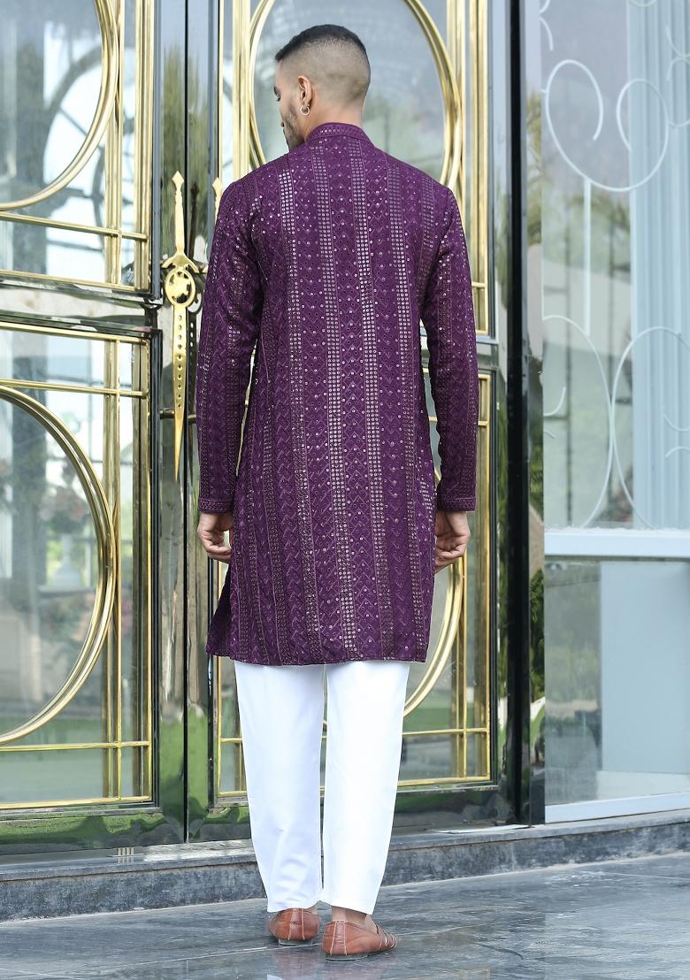 Purple Ethnic Motifs Silk Blend Kurta For Men - Indya