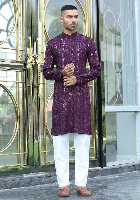 Purple Ethnic Motifs Silk Kurta For Men