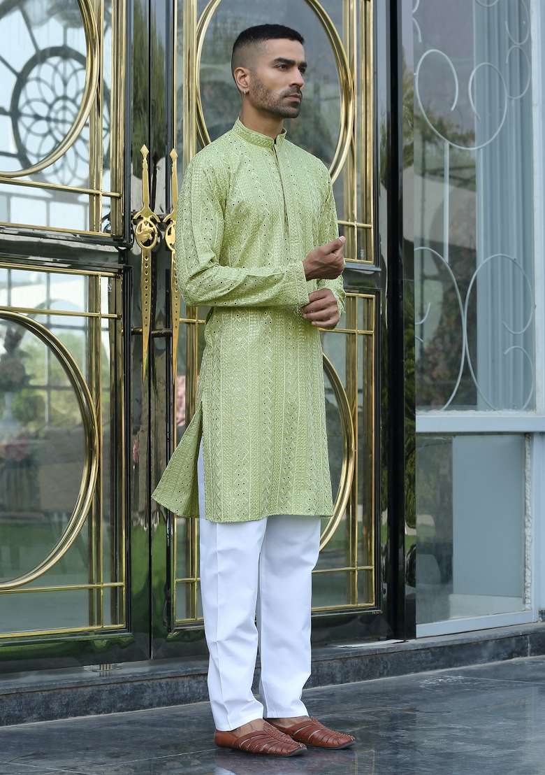Green Ethnic Motifs Silk Blend Kurta For Men - Indya