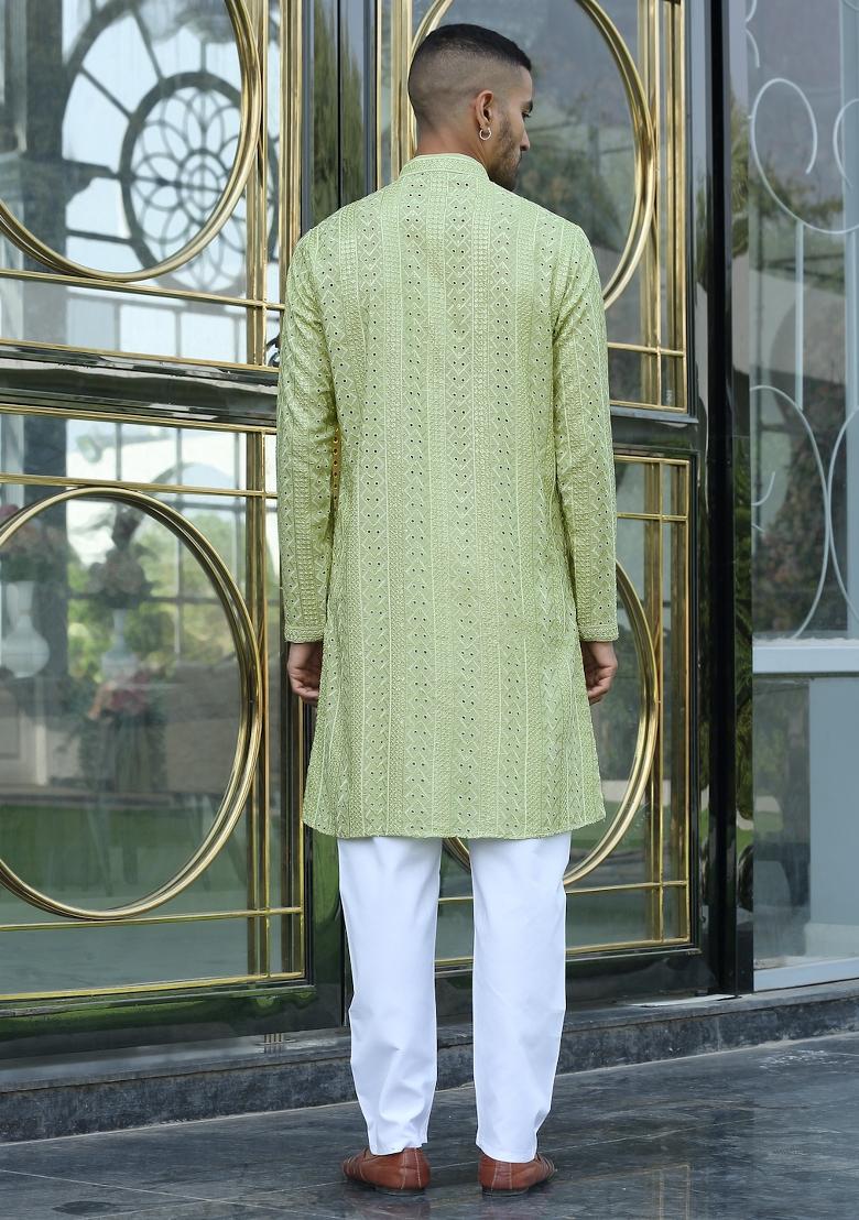 Green Ethnic Motifs Silk Blend Kurta For Men - Indya