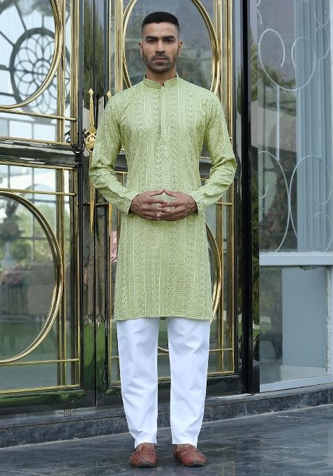 Green Ethnic Motifs Silk Blend Kurta For Men