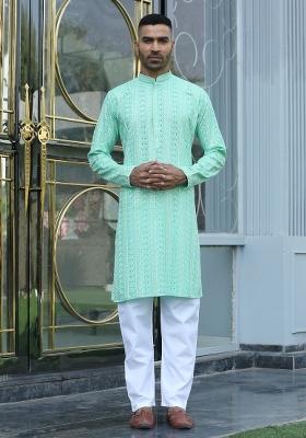 Sea Green Ethnic Motifs Silk Blend Kurta For Men
