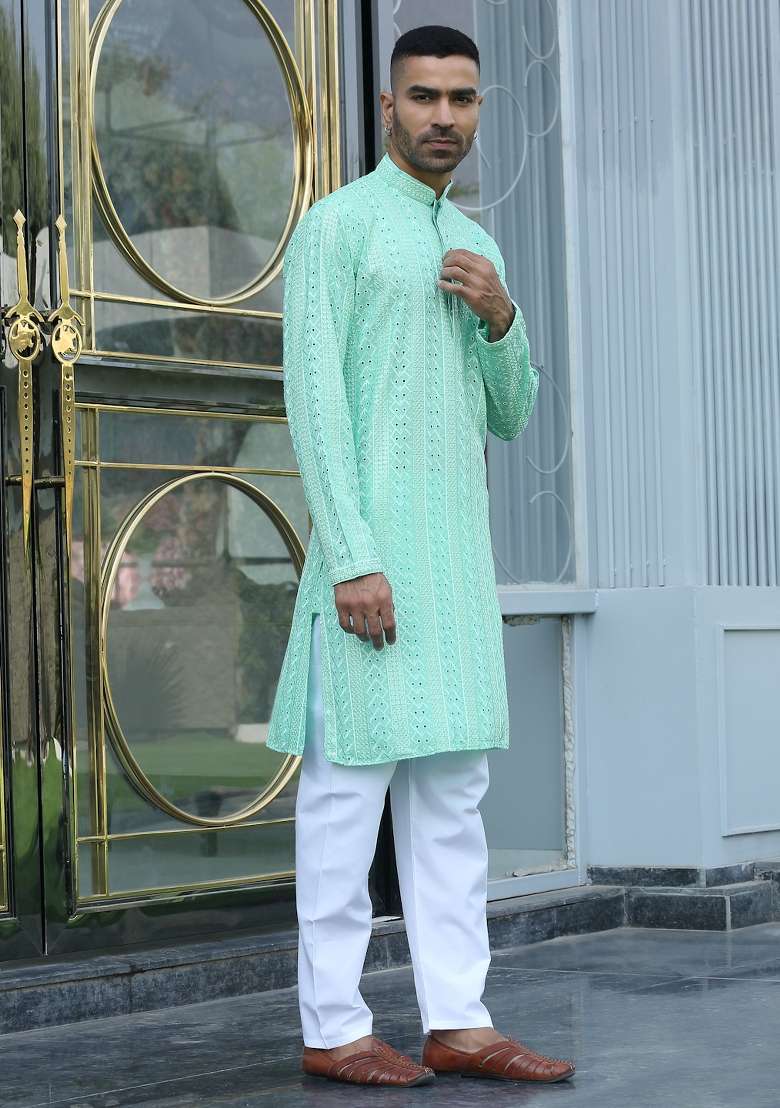 Sea Green Ethnic Motifs Silk Blend Kurta For Men - Indya