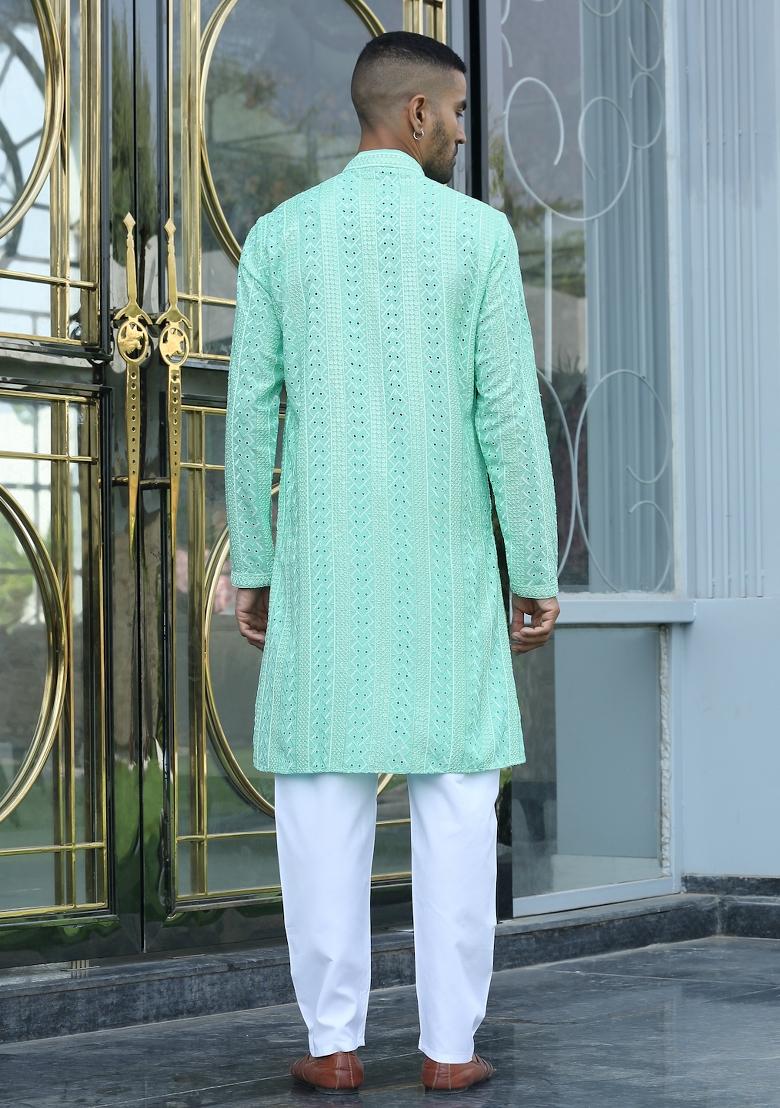 Sea Green Ethnic Motifs Silk Blend Kurta For Men - Indya