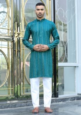 Emerald Blue Ethnic Motifs Silk Blend Kurta For Men