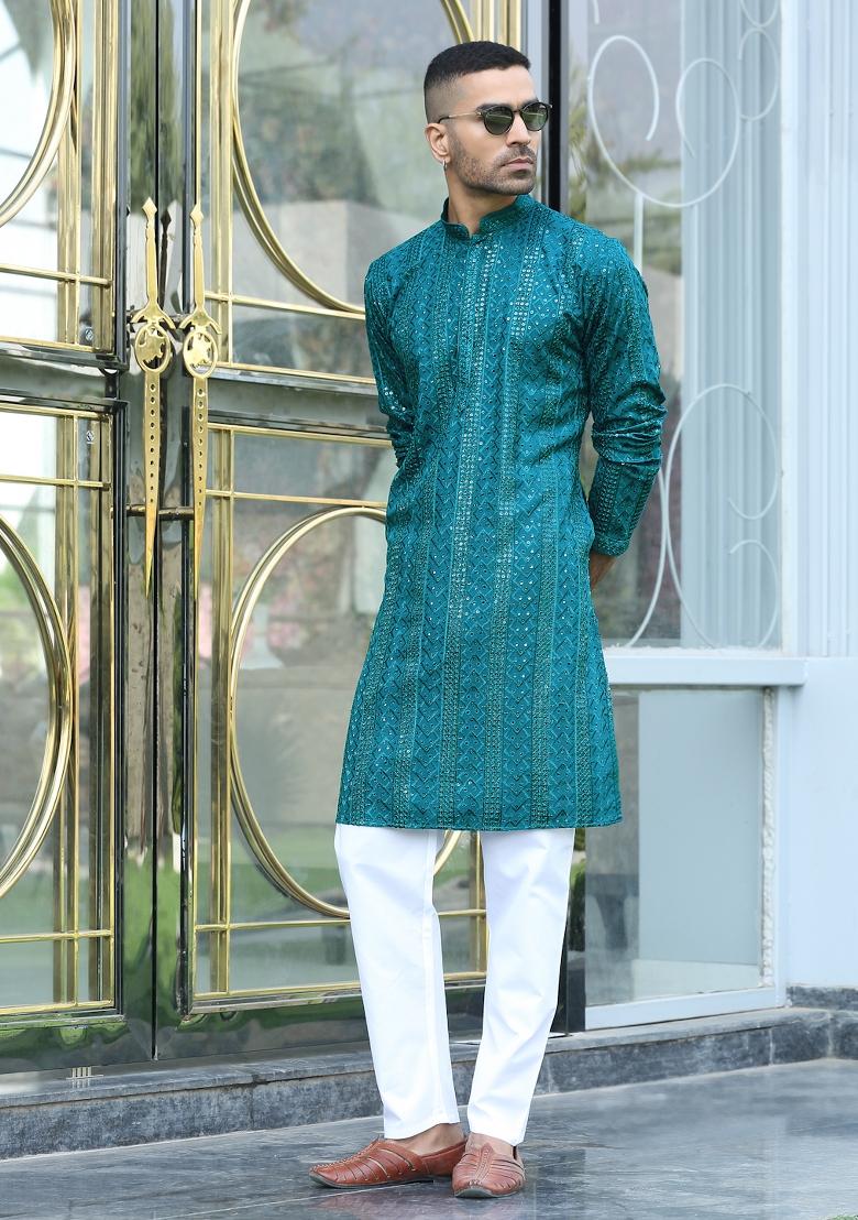 Emerald Blue Ethnic Motifs Silk Blend Kurta For Men - Indya