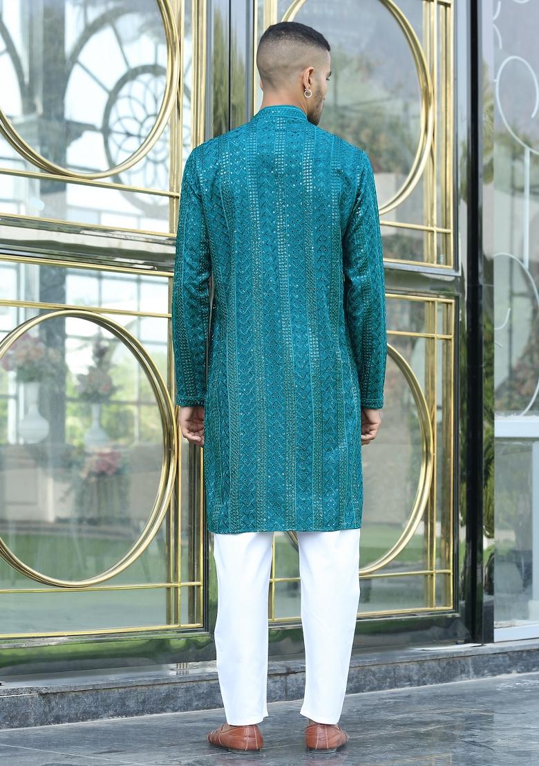 Emerald Blue Ethnic Motifs Silk Blend Kurta For Men - Indya