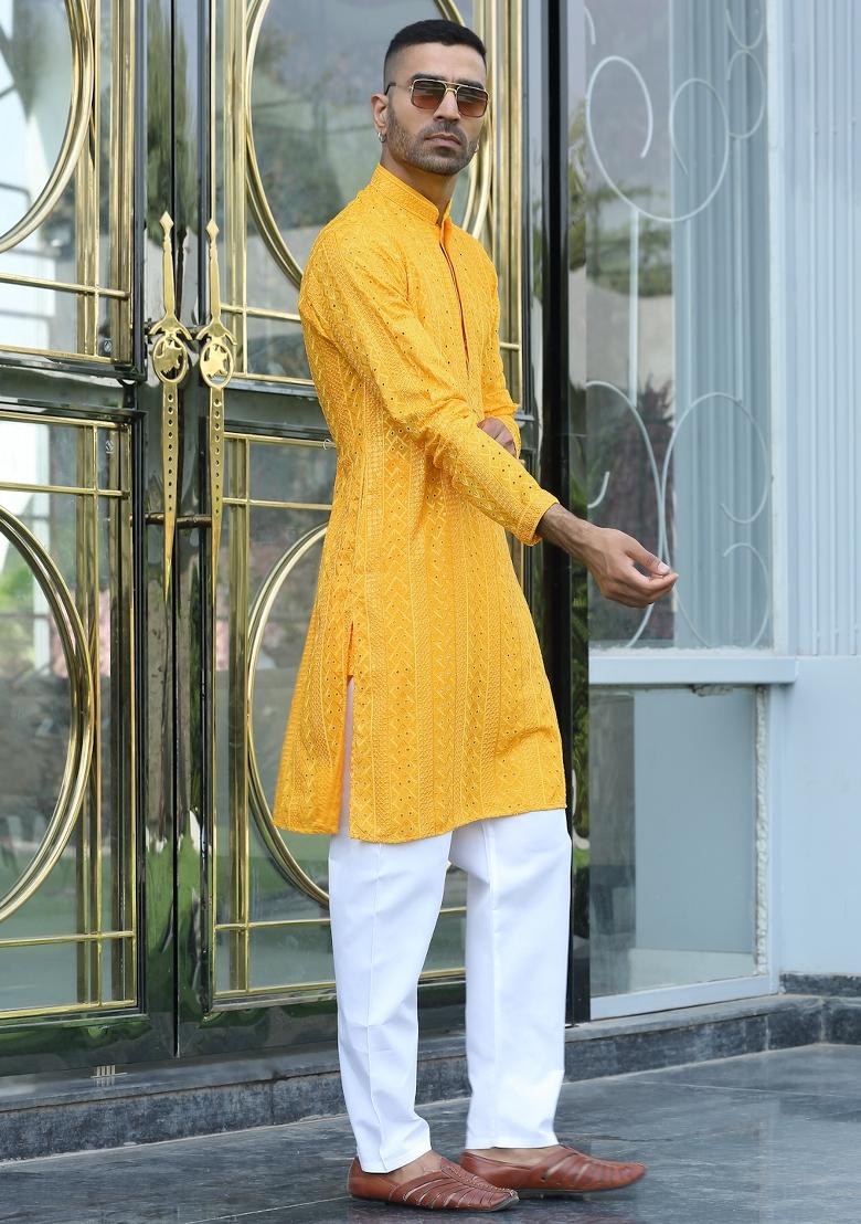 Yellow Ethnic Motifs Silk Blend Kurta For Men - Indya