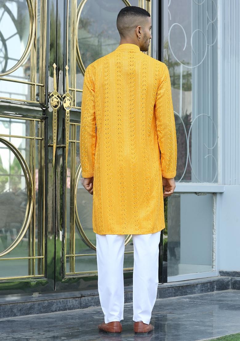 Yellow Ethnic Motifs Silk Blend Kurta For Men - Indya