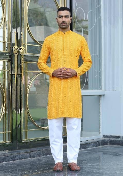Yellow Ethnic Motifs Silk Blend Kurta For Men