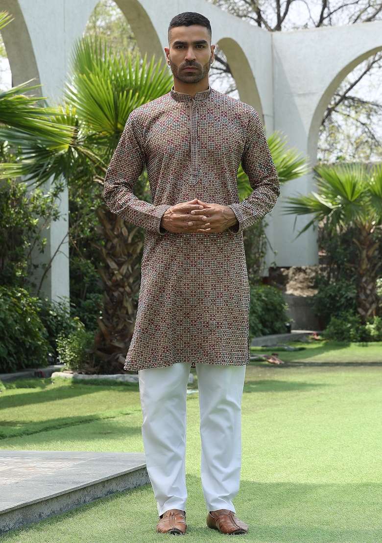 Beige Sequin Work Cotton Kurta For Men - Indya