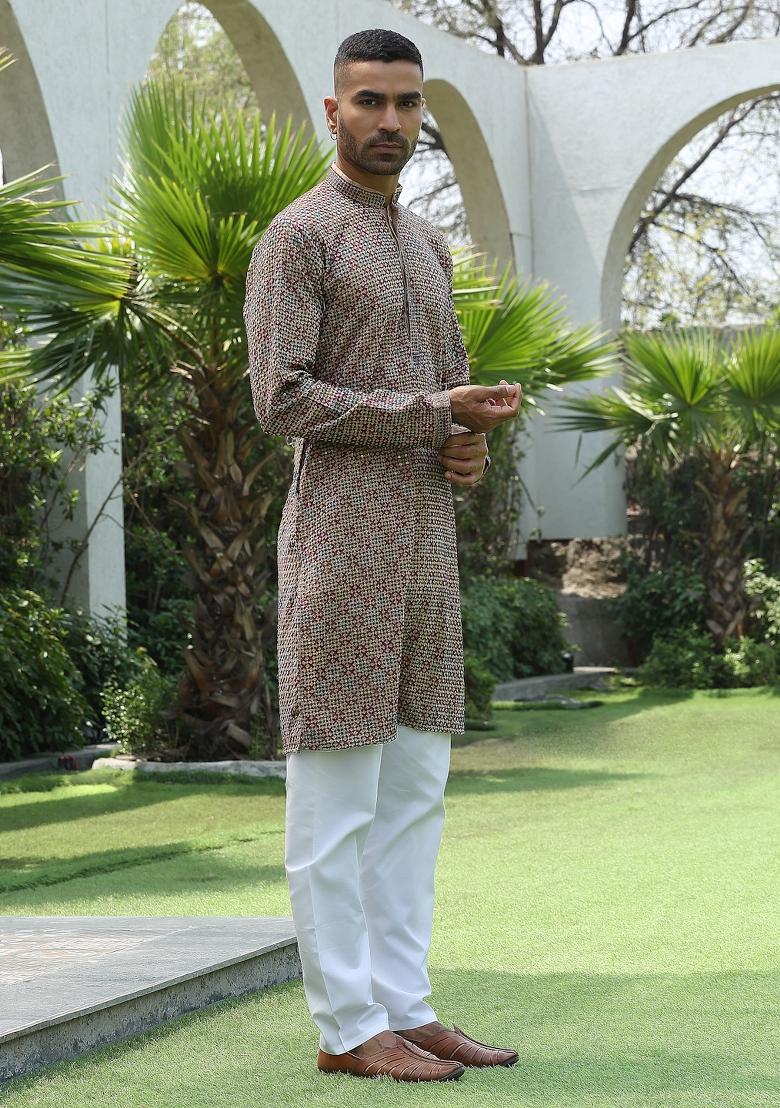 Beige Sequin Work Cotton Kurta For Men - Indya