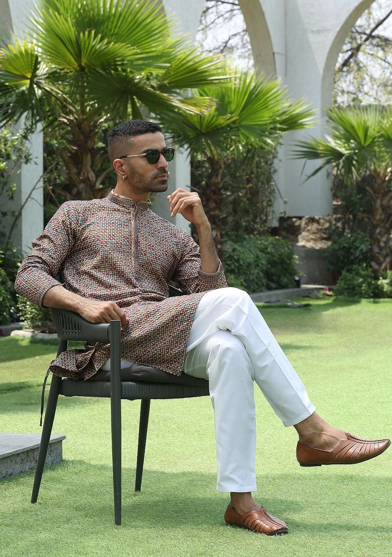 Beige Sequin Work Cotton Kurta For Men - Indya