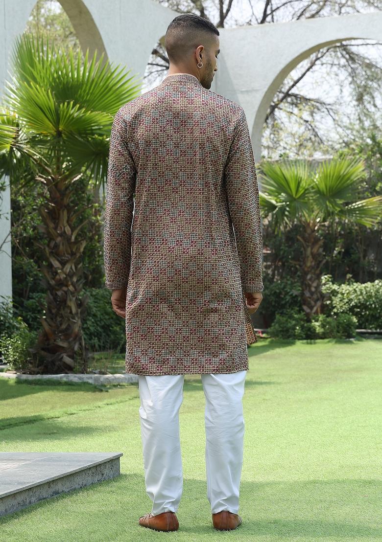 Beige Sequin Work Cotton Kurta For Men - Indya