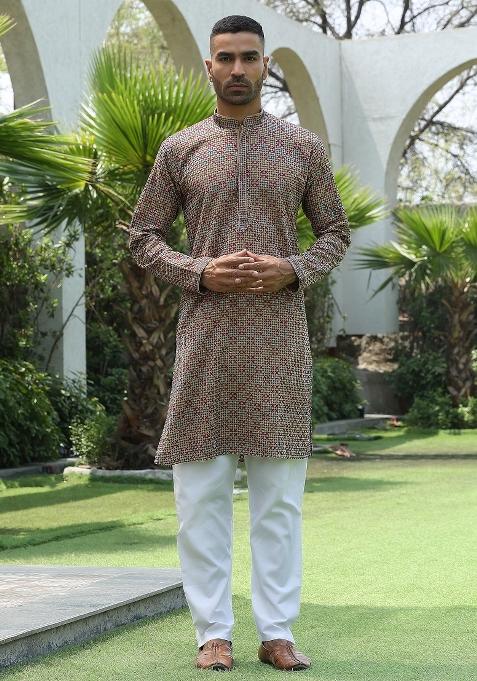 Beige Sequin Work Cotton Kurta For Men