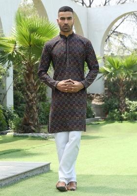 Black Sequin Work Cotton Kurta For Men