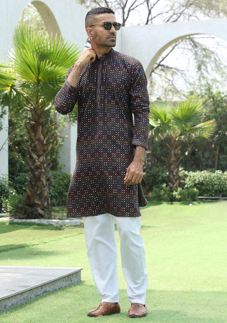 Black Sequin Work Cotton Kurta For Men - Indya
